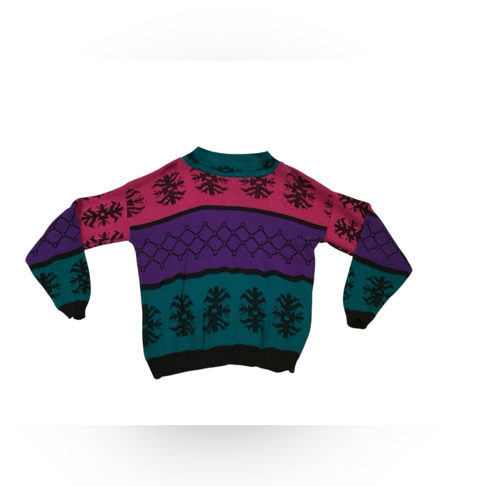 VTG Jamknits Women Medium Sweater Snowflake Pattern Pink Purple Teal Made in USA